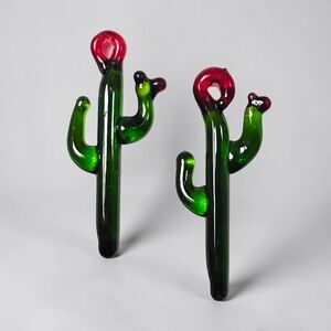 2 Vintage Lampwork Glass Cactus Beads Saguaro Southwest Charms Red Flowers AZ